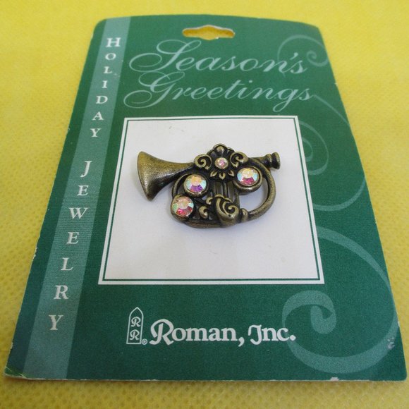 2002 Roman Inc. AB Rhinestone Trumpet Brooch Roman Inc Seasons Greetings Holiday - Picture 2 of 12